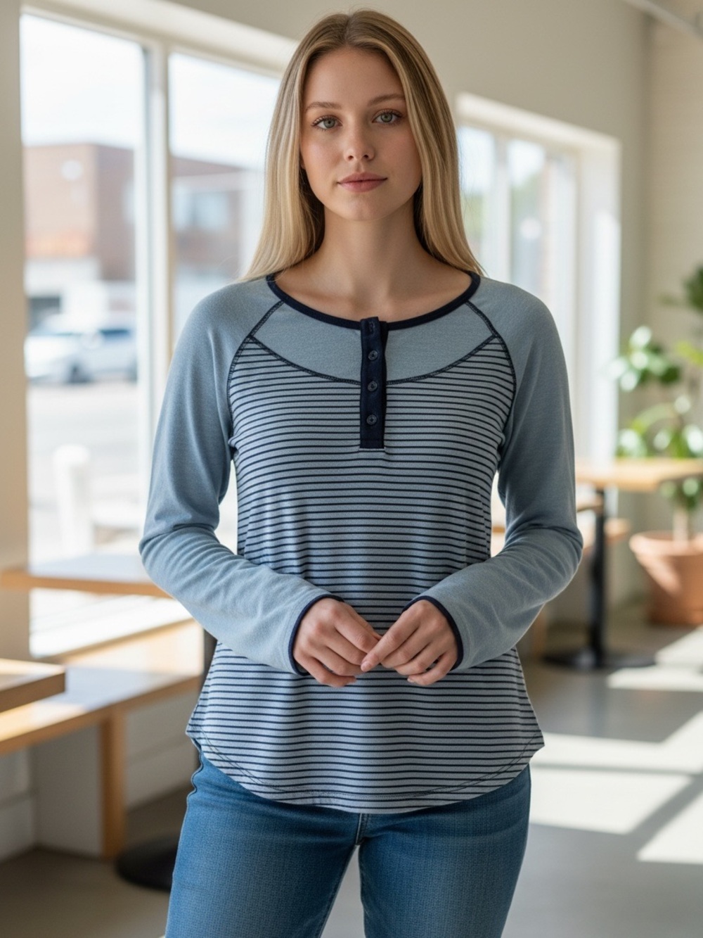 Croft & Barrow // Light Blue Striped // Henley Raglan Long-Sleeve Top
